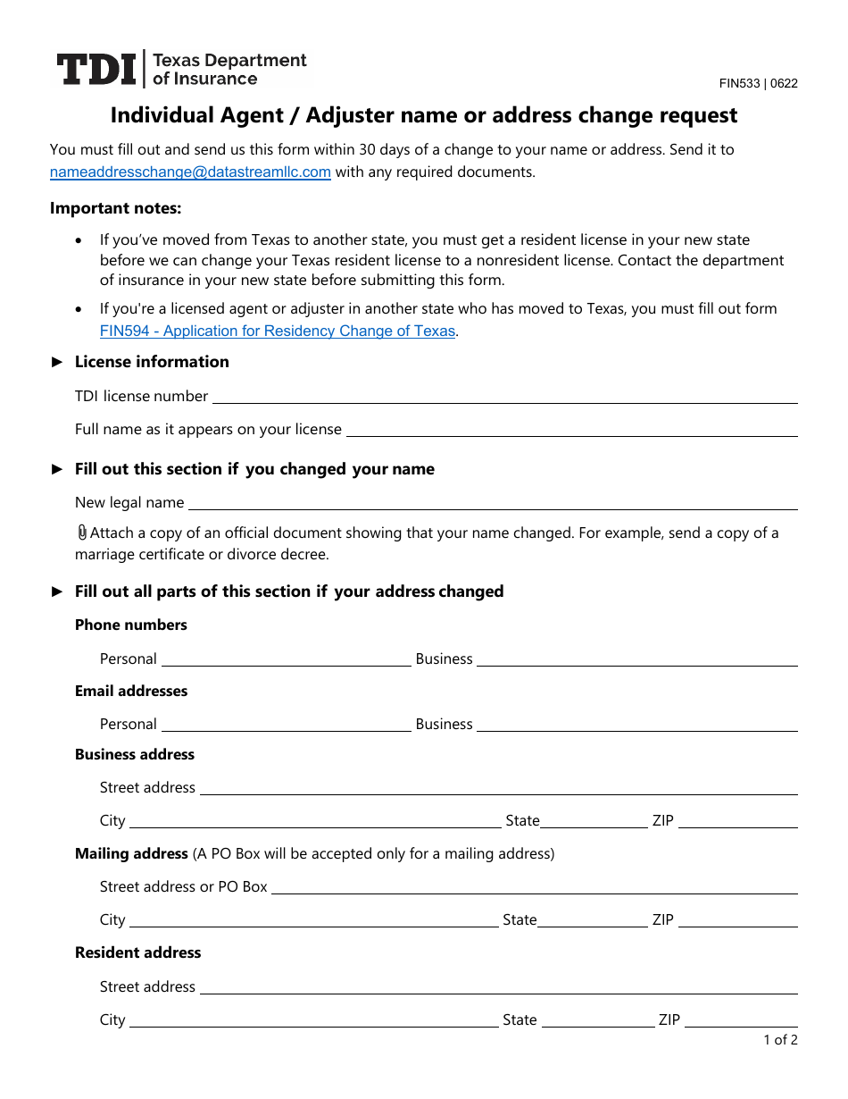Form FIN533 Individual Agent / Adjuster Name or Address Change Request - Texas, Page 1