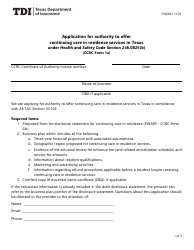 Document preview: Form FIN604 (CCRC Form 1A) Application for Authority to Offer Continuing Care in Residence Services in Texas Under Health and Safety Code Section 246.0025(B) - Texas