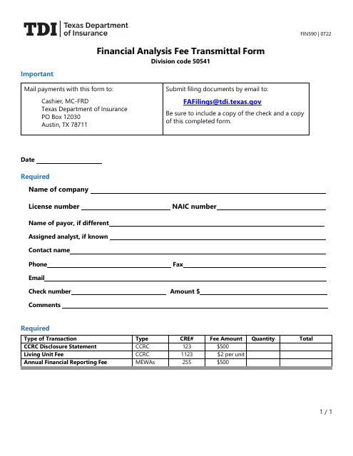 Form FIN590 Financial Analysis Fee Transmittal Form - Texas