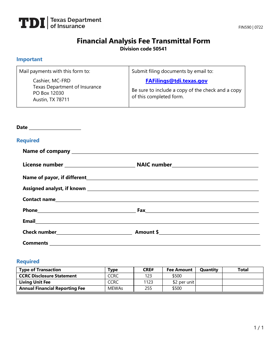Form FIN590 Financial Analysis Fee Transmittal Form - Texas, Page 1