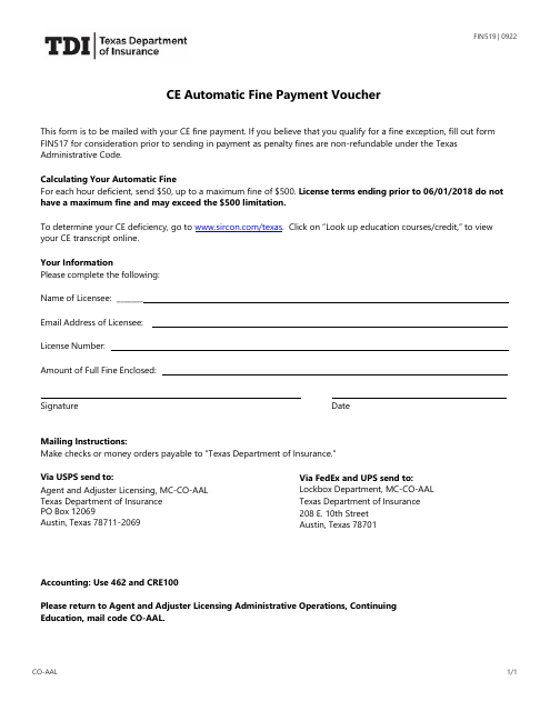 Form FIN519 Ce Automatic Fine Payment Voucher - Texas