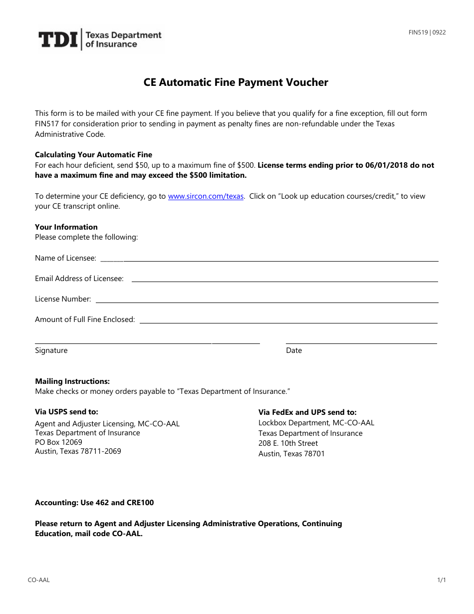 Form FIN519 Ce Automatic Fine Payment Voucher - Texas, Page 1