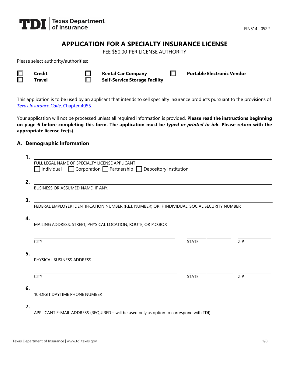 Form FIN514 Application for a Specialty Insurance License - Texas, Page 1