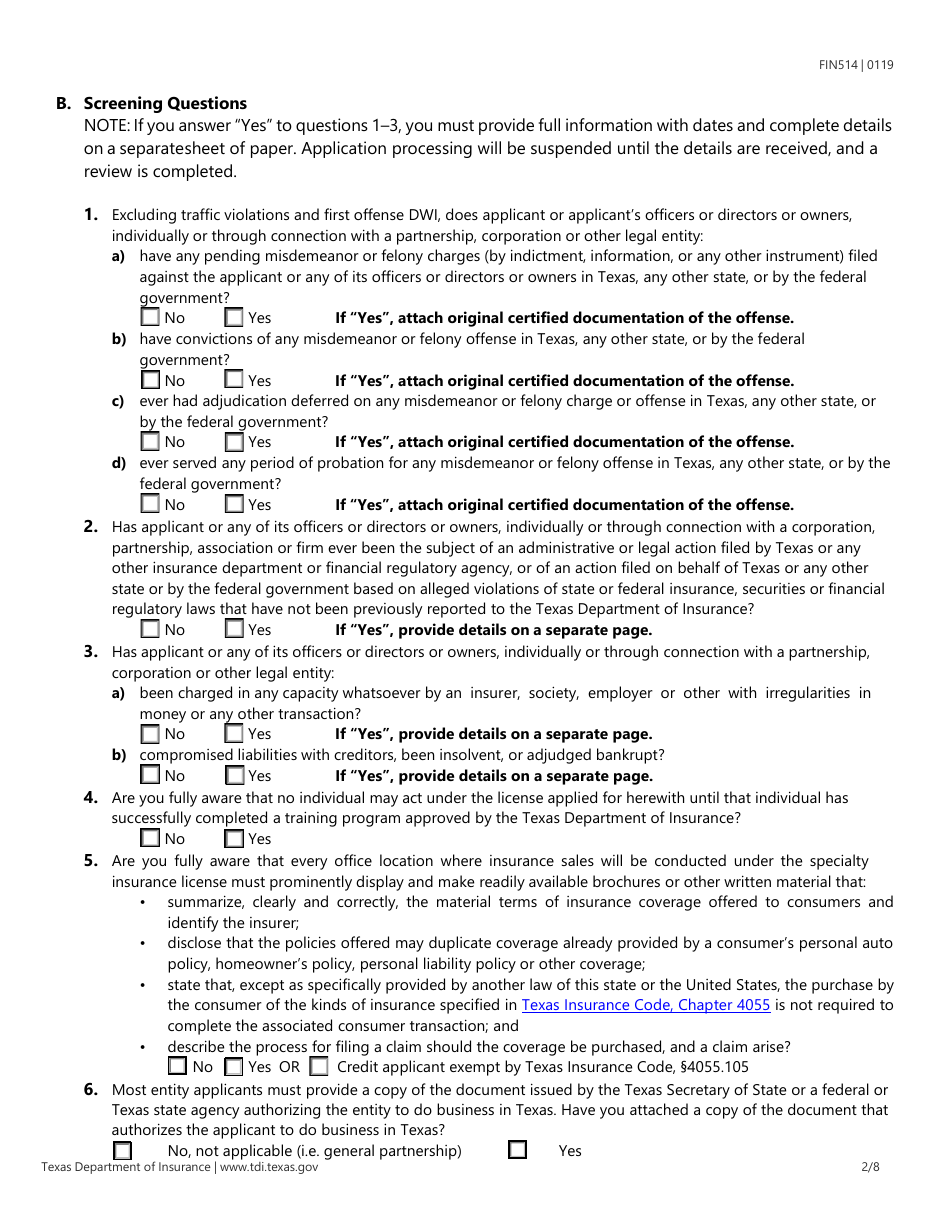 Form Fin514 Download Fillable Pdf Or Fill Online Application For A Specialty Insurance License