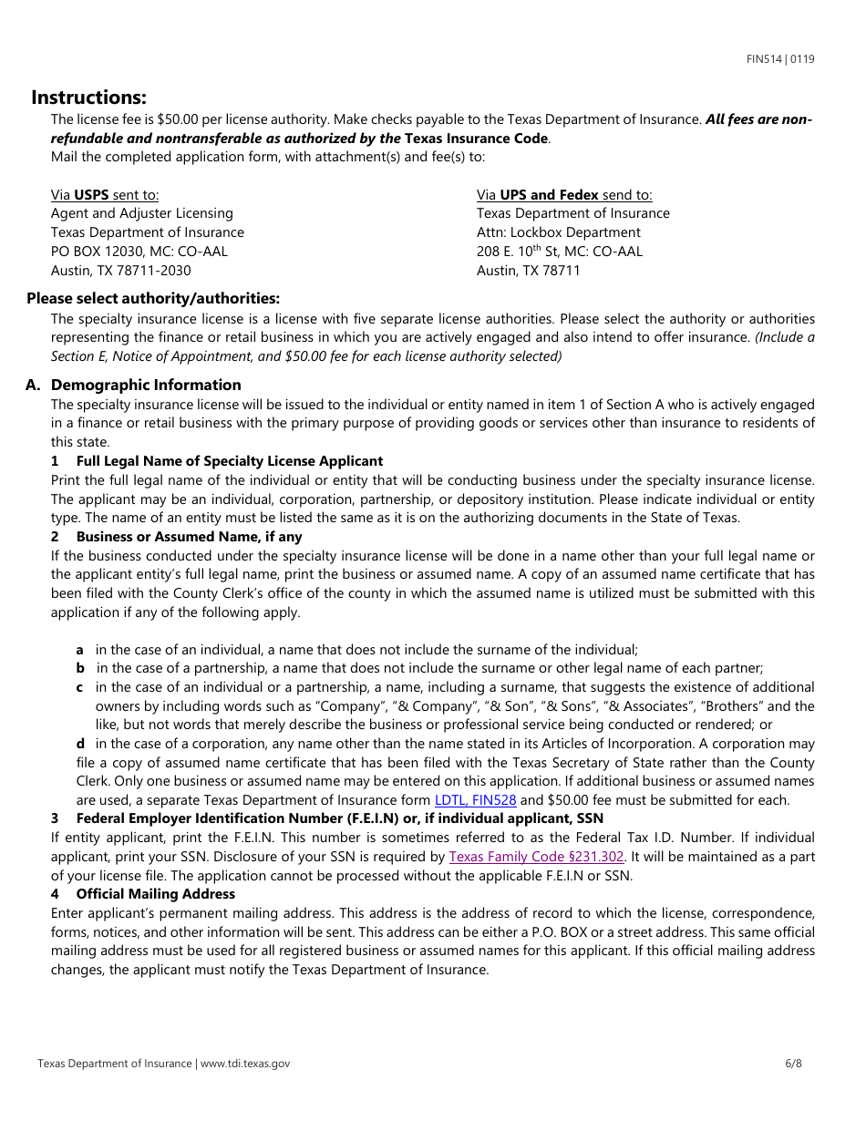 Form FIN514 Application for a Specialty Insurance License - Texas, Page 6