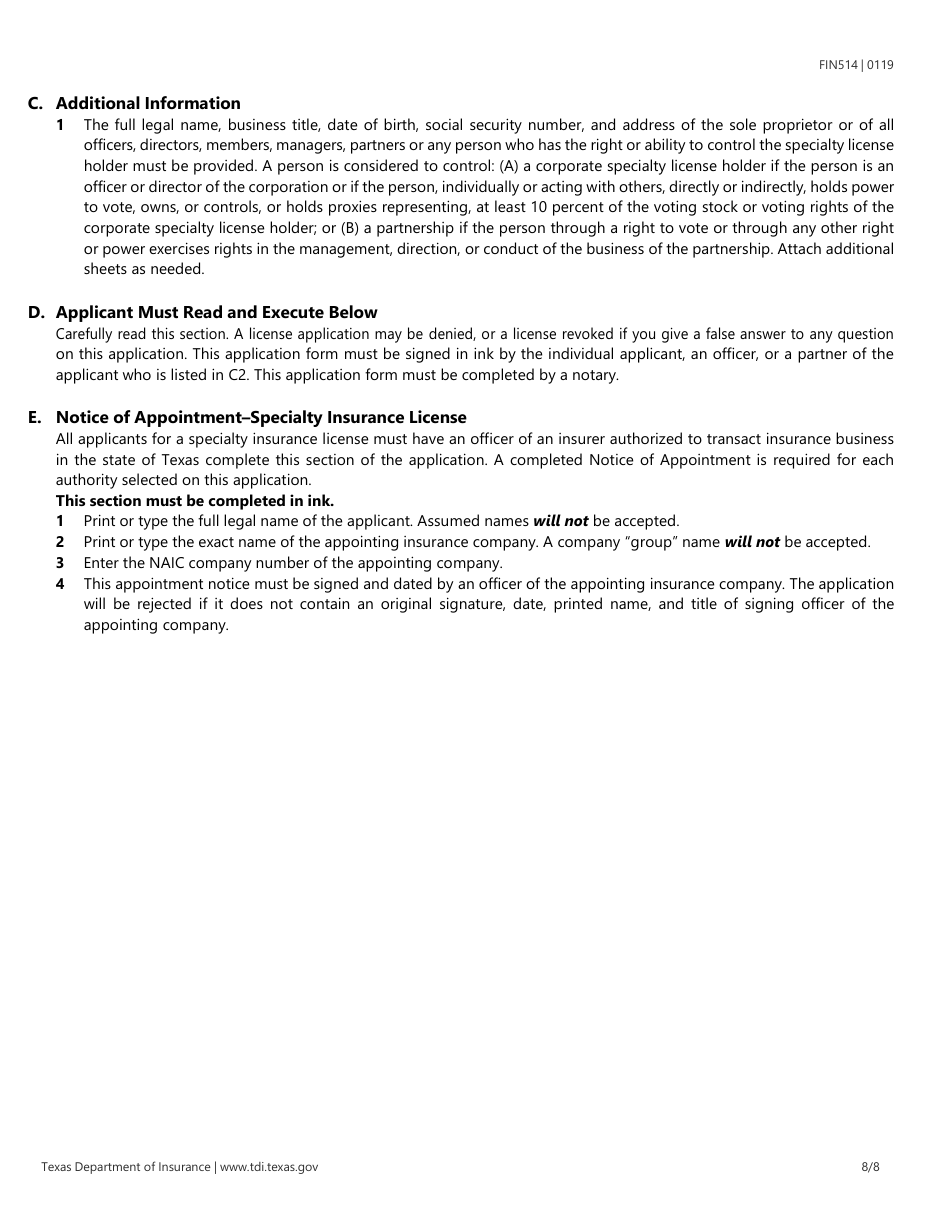 Form FIN514 Application for a Specialty Insurance License - Texas, Page 8