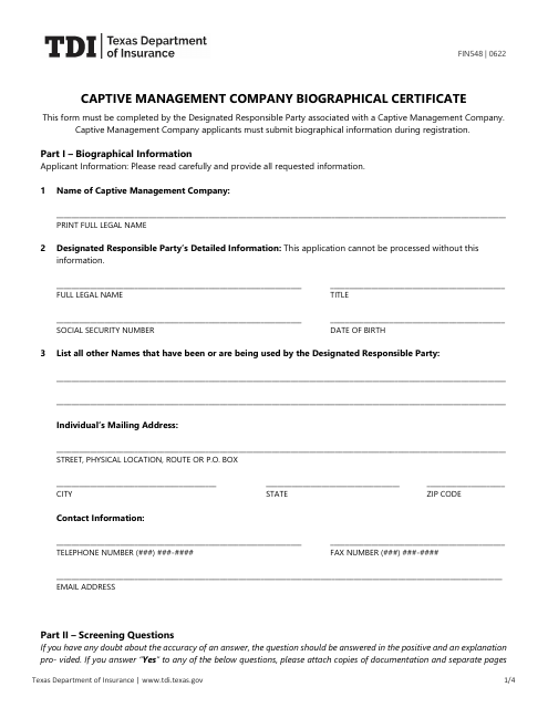 Form FIN548 Captive Management Company Biographical Certificate - Texas