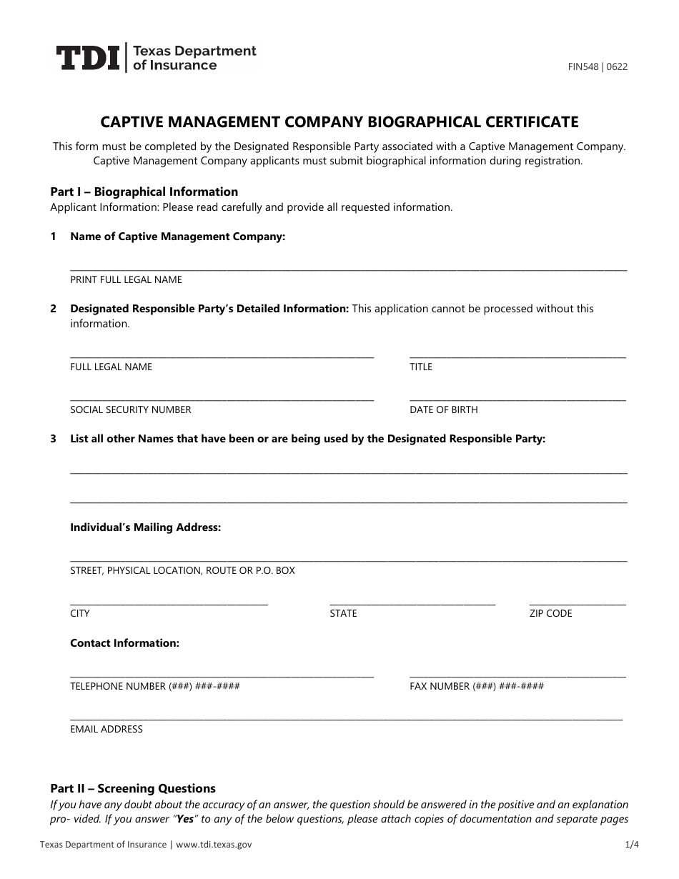 Form FIN548 Captive Management Company Biographical Certificate - Texas, Page 1