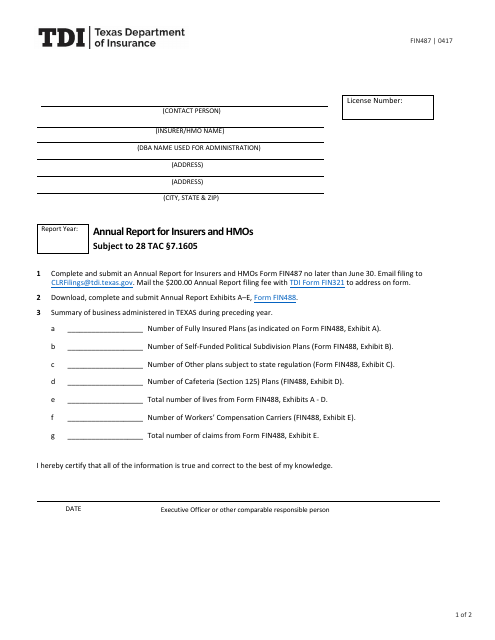 Form FIN487 Annual Report for Insurers and Hmos - Texas