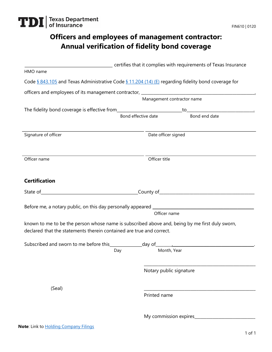 Form FIN610 Officers and Employees of Management Contractor: Annual Verification of Fidelity Bond Coverage - Texas, Page 1
