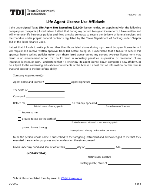 Form FIN529 Life Agent License Use Affidavit - Texas