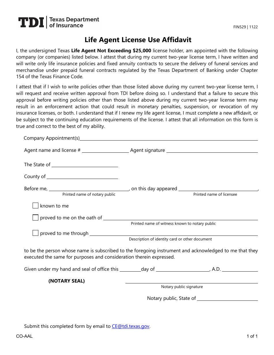 Form FIN529 Life Agent License Use Affidavit - Texas, Page 1