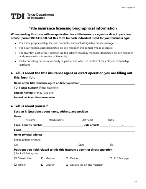 Form FINT08 Title Insurance Licensing Biographical Information - Texas