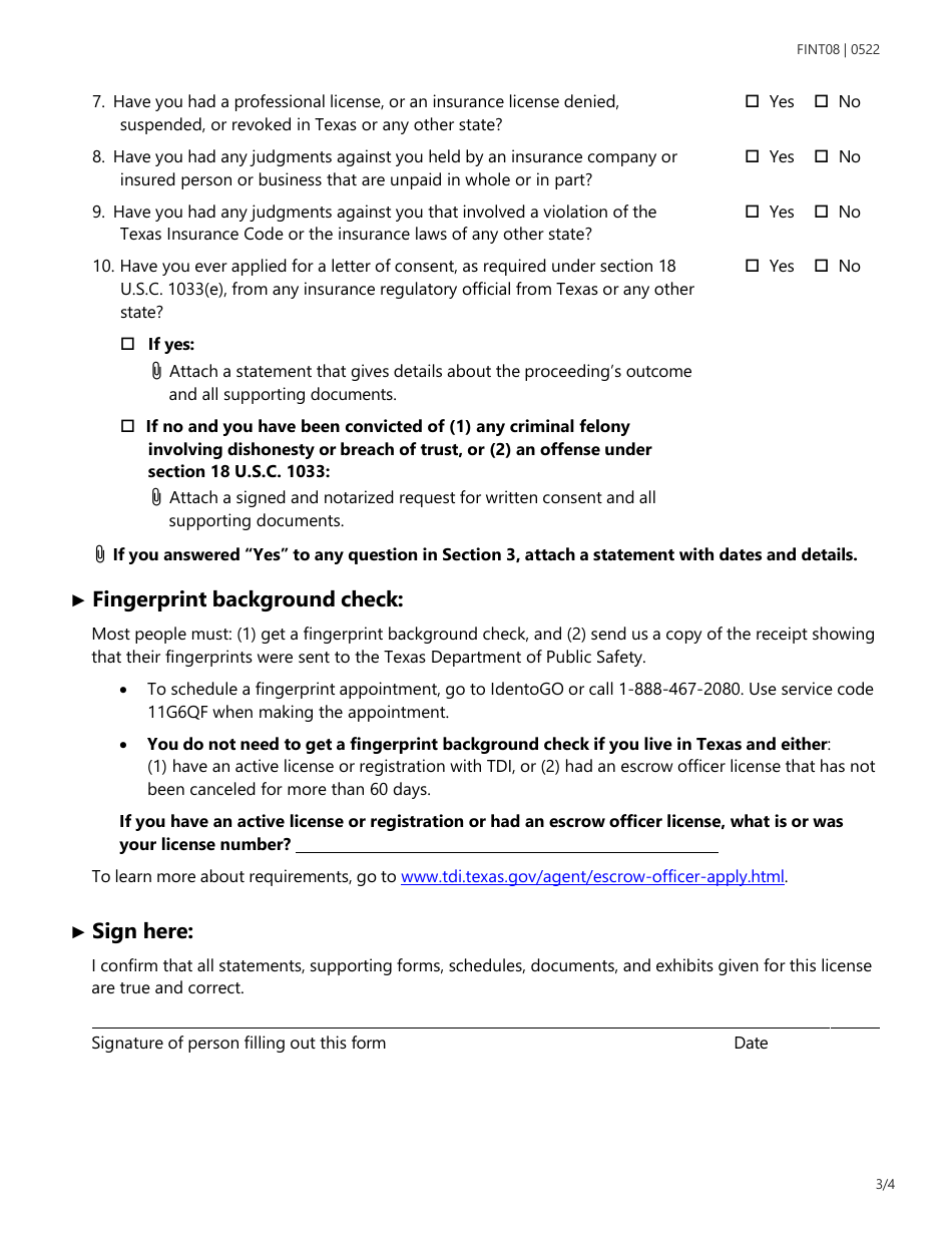 Form FINT08 Title Insurance Licensing Biographical Information - Texas, Page 3