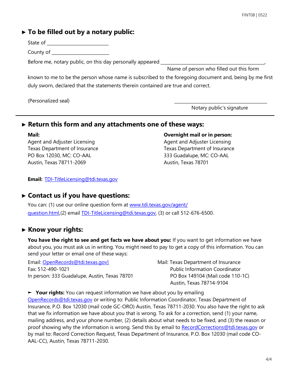 Form FINT08 Title Insurance Licensing Biographical Information - Texas, Page 4