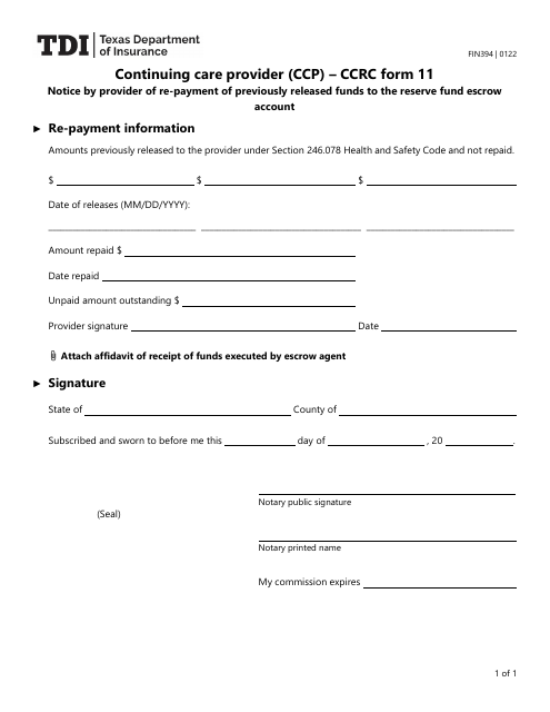 Form FIN394 (CCRC Form 11)  Printable Pdf