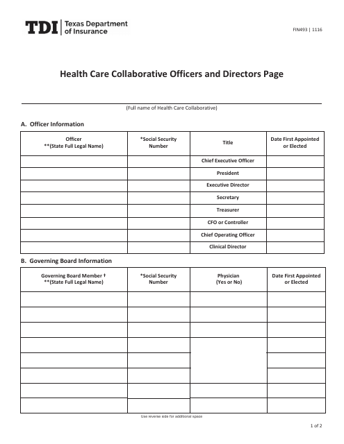 Form FIN493 Health Care Collaborative Officers and Directors Page - Texas