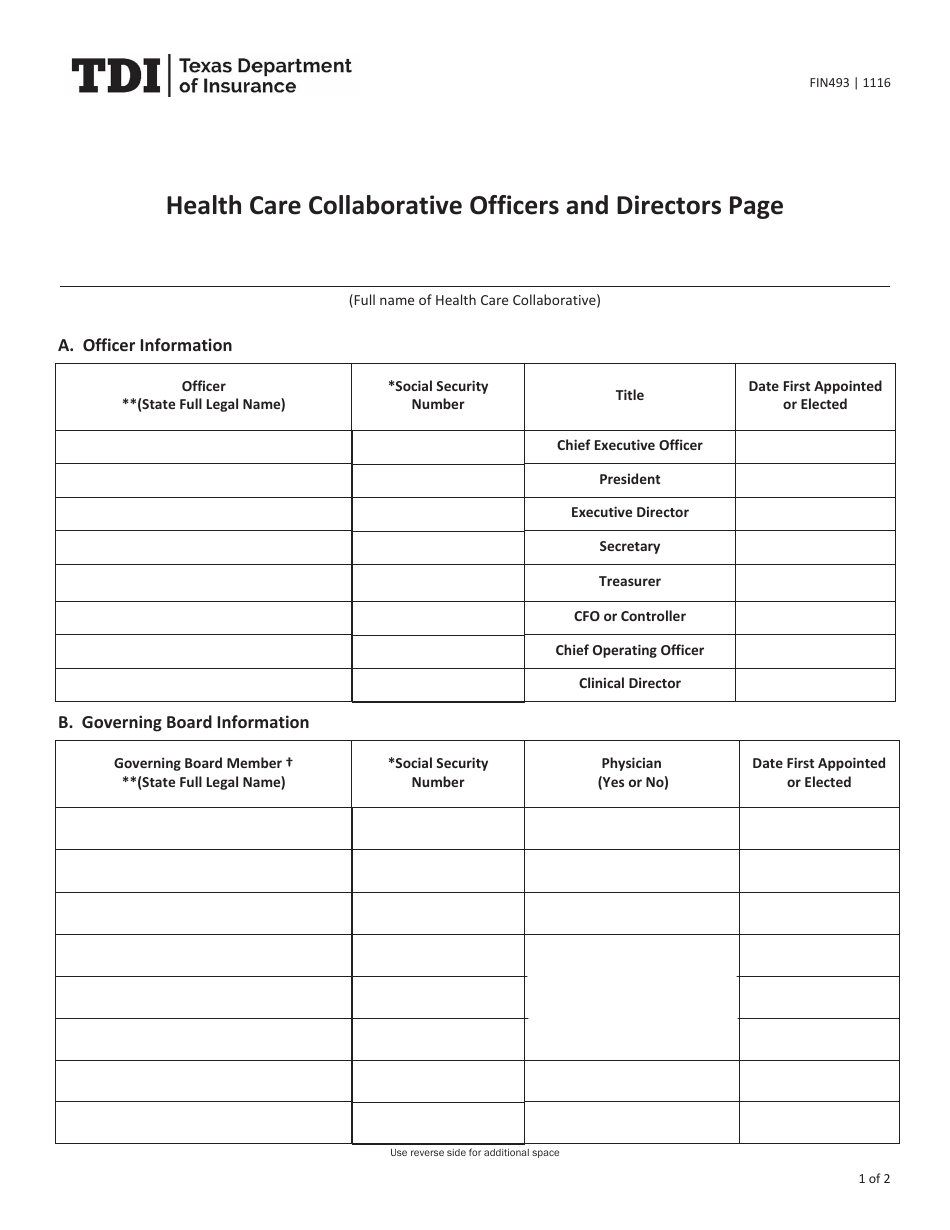Form FIN493 Health Care Collaborative Officers and Directors Page - Texas, Page 1