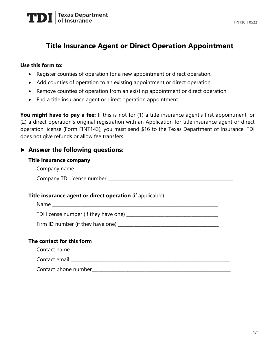 Form FINT10 Title Insurance Agent or Direct Operation Appointment - Texas, Page 1