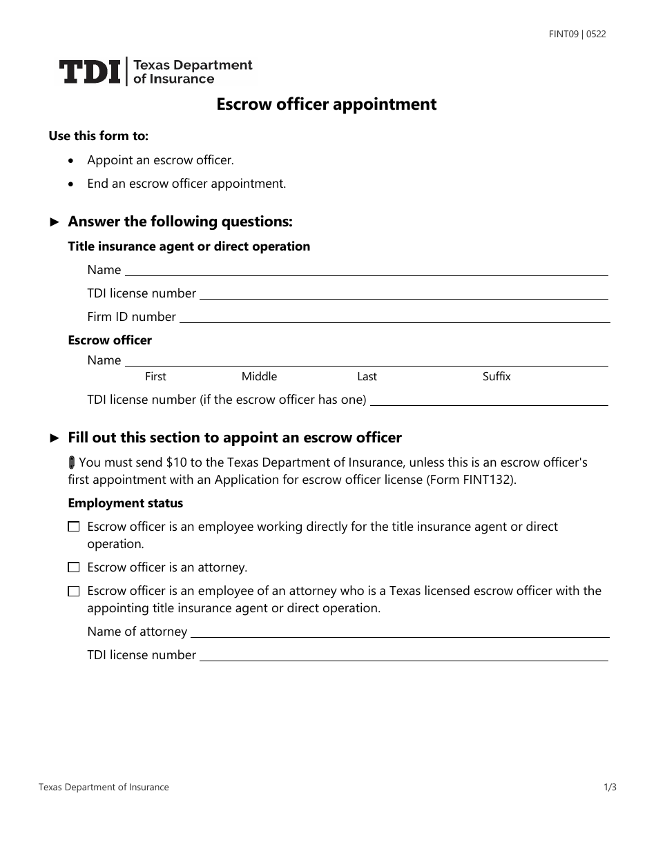 Form FINT09 Escrow Officer Appointment - Texas, Page 1