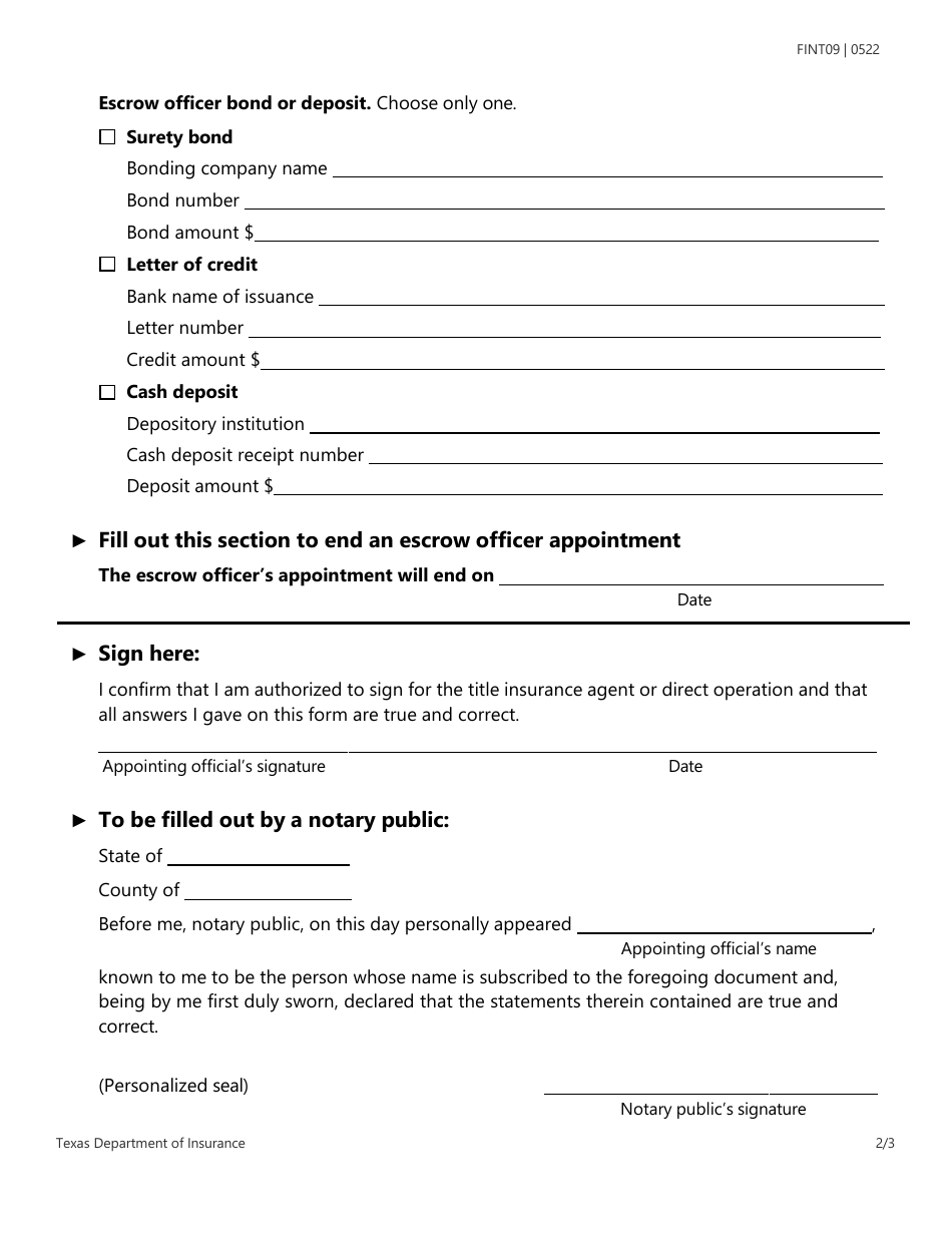 Form FINT09 Escrow Officer Appointment - Texas, Page 2