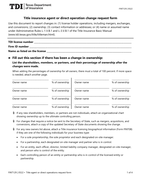 Form FINT129 Title Insurance Agent or Direct Operation Change Request Form - Texas