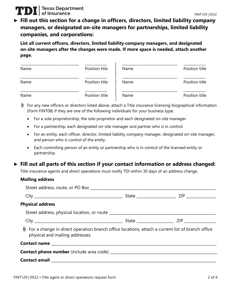 Form FINT129 Title Insurance Agent or Direct Operation Change Request Form - Texas, Page 2