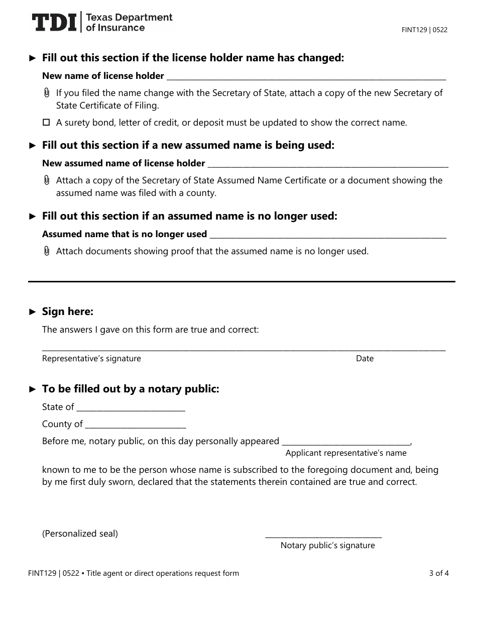 Form FINT129 Title Insurance Agent or Direct Operation Change Request Form - Texas, Page 3