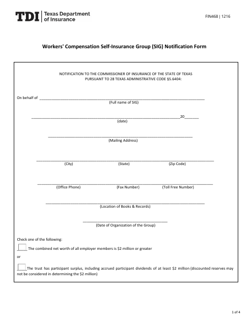 Form FIN468 Workers' Compensation Self-insurance Group (Sig) Notification Form - Texas