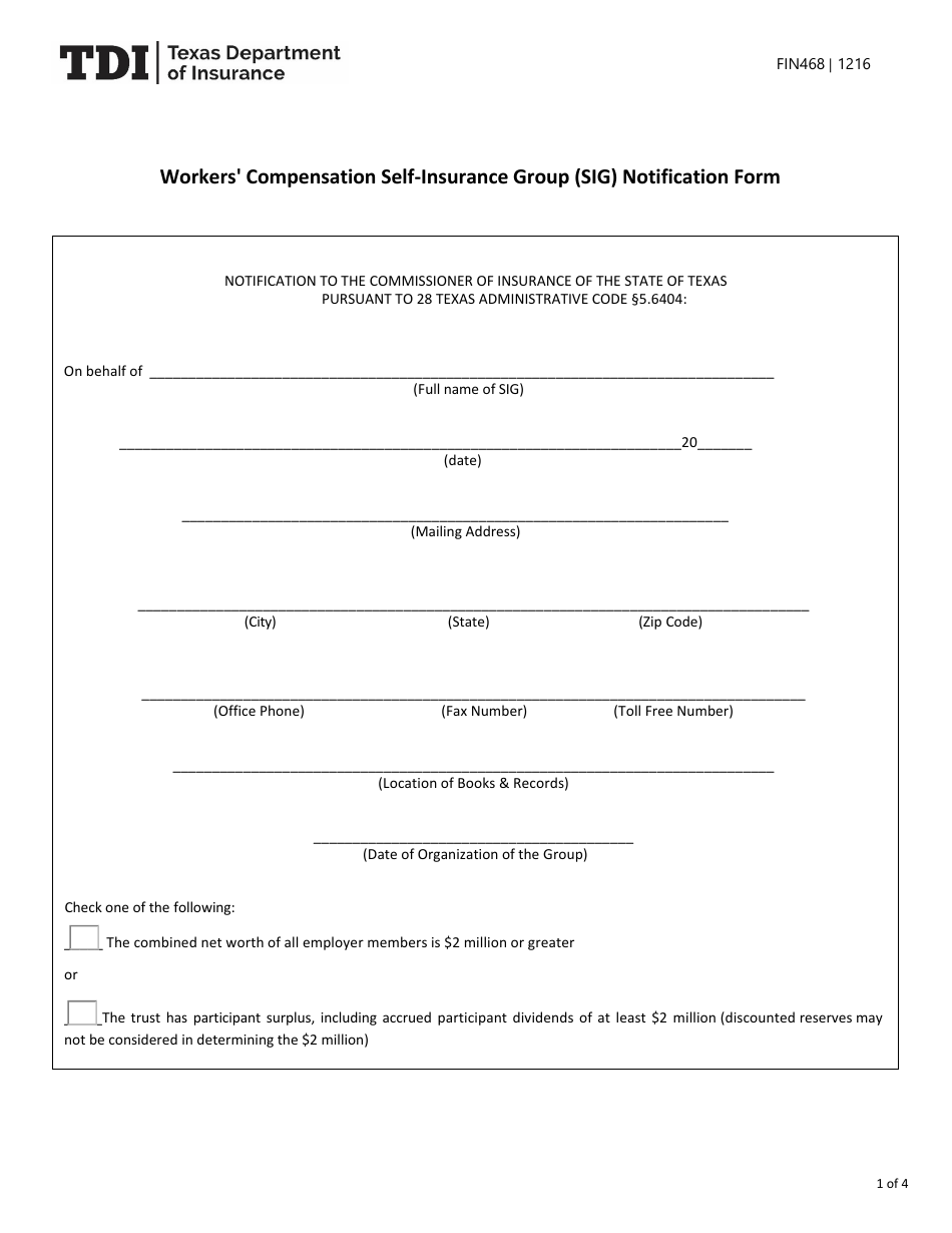 Form FIN468 Workers Compensation Self-insurance Group (Sig) Notification Form - Texas, Page 1