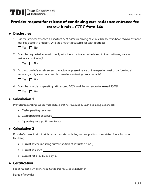 Form FIN607 (CCRC Form 14A)  Printable Pdf
