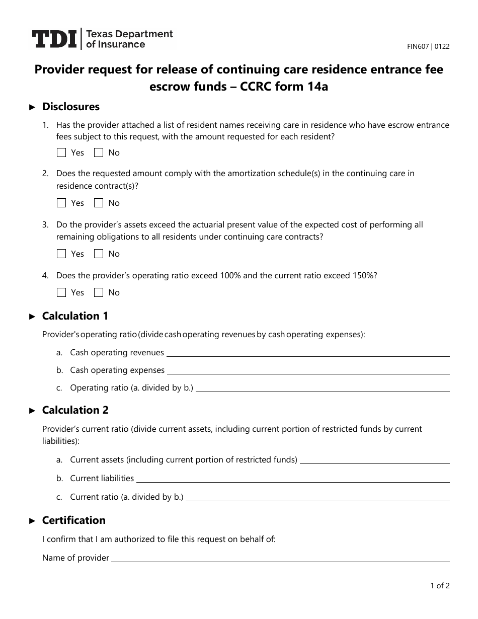 Form FIN607 (CCRC Form 14A) Provider Request for Release of Continuing Care Residence Entrance Fee Escrow Funds - Texas, Page 1