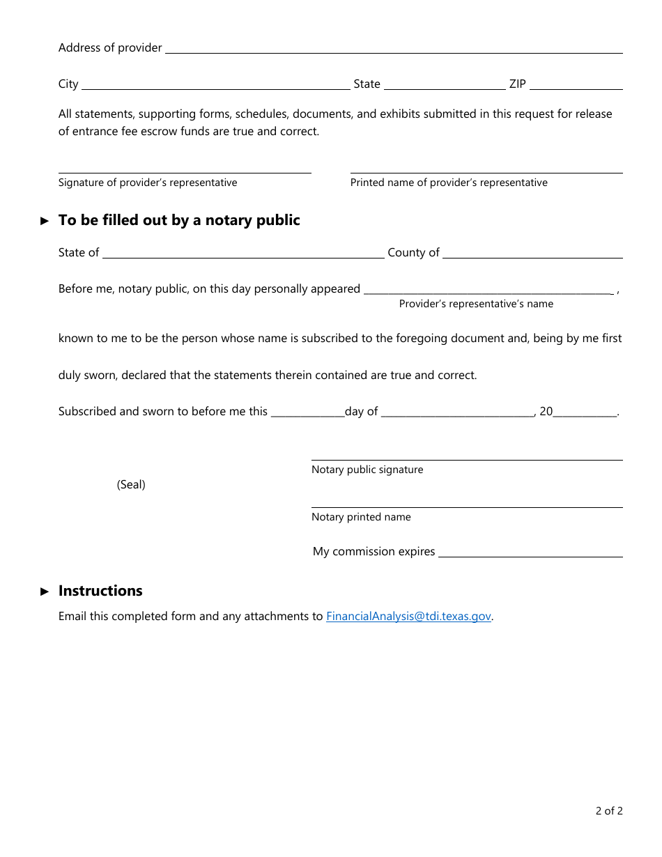 Form FIN607 (CCRC Form 14A) Provider Request for Release of Continuing Care Residence Entrance Fee Escrow Funds - Texas, Page 2