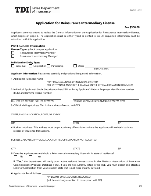 Form FIN510 Application for Reinsurance Intermediary License - Texas