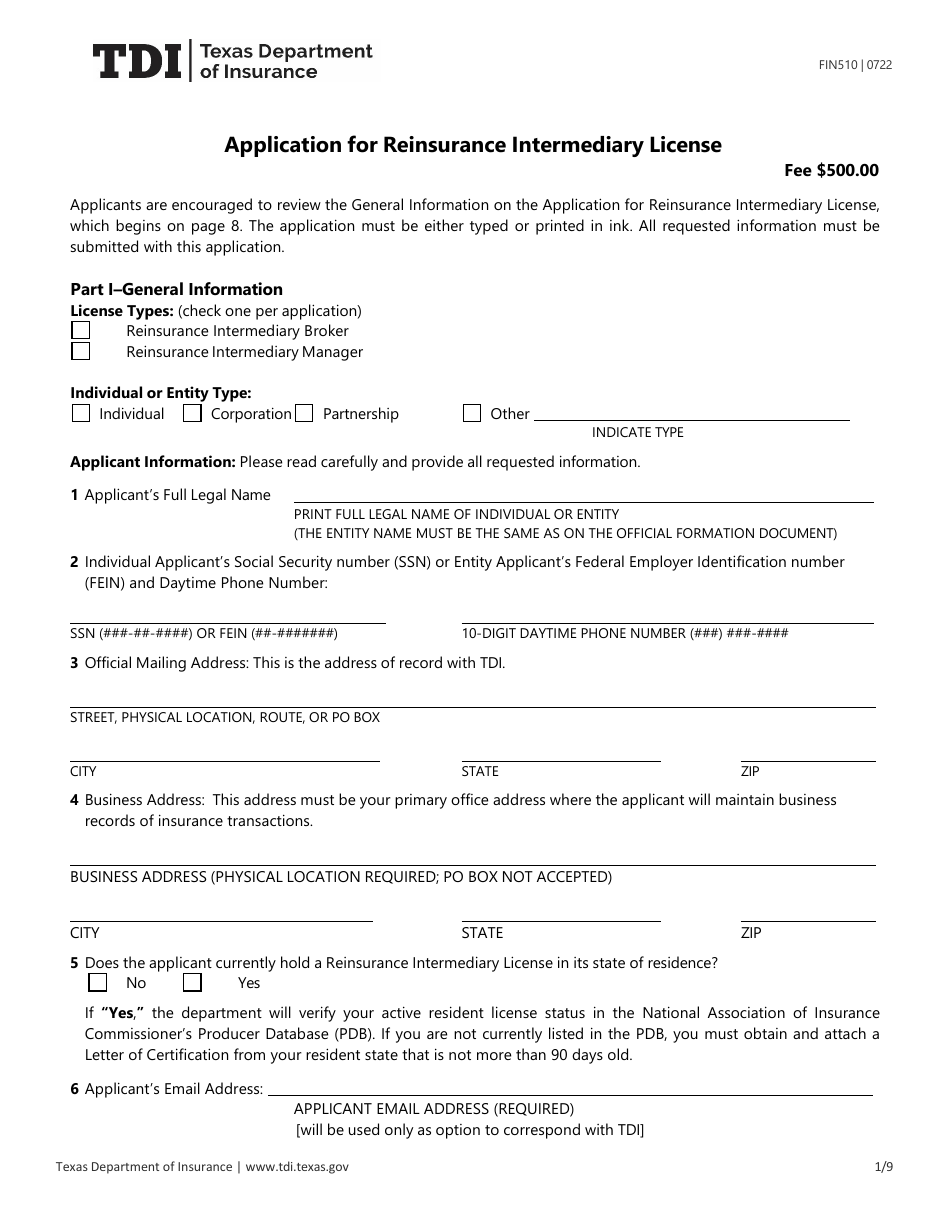 Form FIN510 Application for Reinsurance Intermediary License - Texas, Page 1