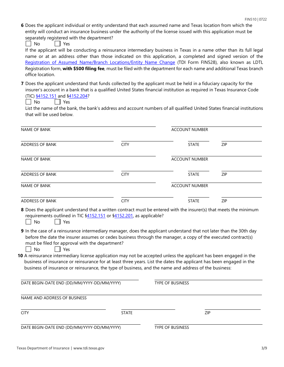 Form FIN510 Application for Reinsurance Intermediary License - Texas, Page 3