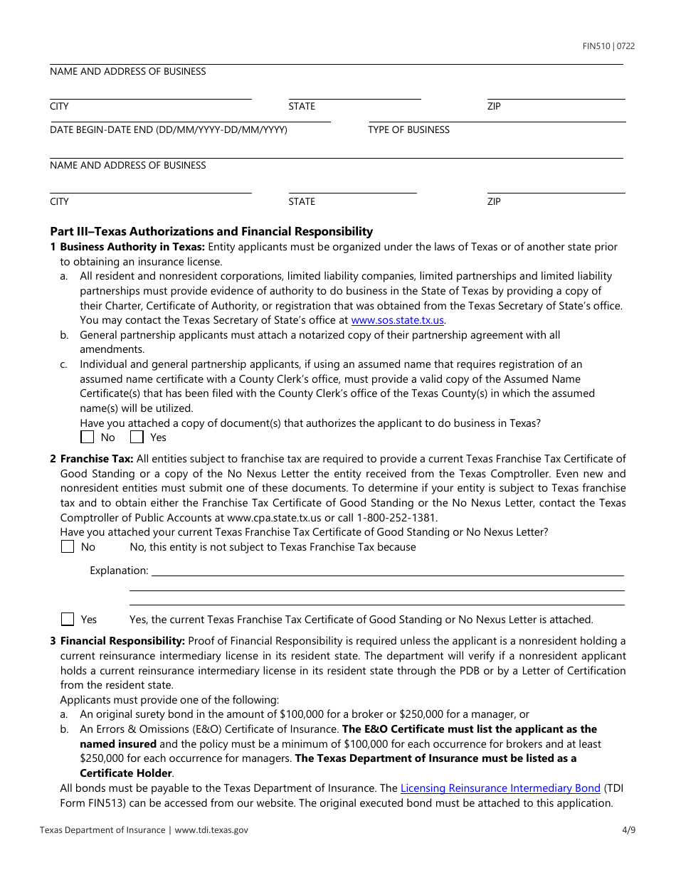 Form FIN510 Download Fillable PDF or Fill Online Application for ...