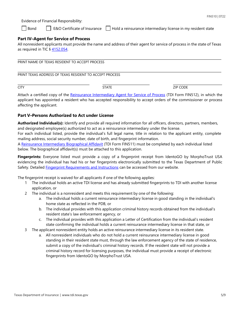 Form FIN510 Application for Reinsurance Intermediary License - Texas, Page 5