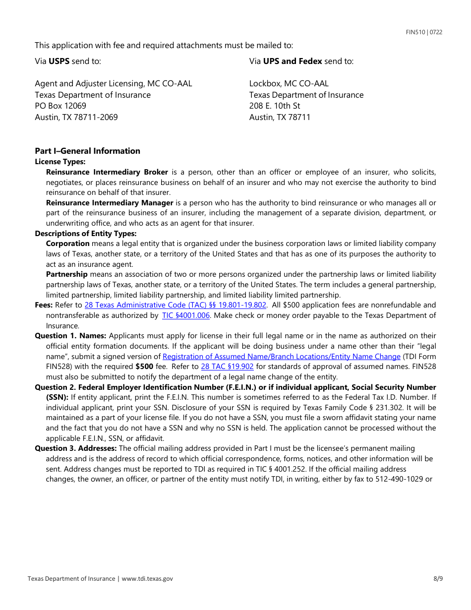 Form FIN510 Application for Reinsurance Intermediary License - Texas, Page 8