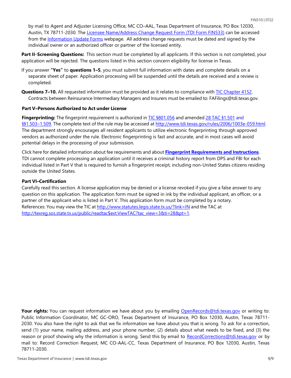 Form FIN510 Application for Reinsurance Intermediary License - Texas, Page 9