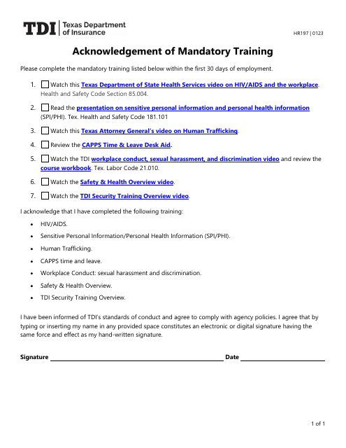 Form HR197 Acknowledgement of Mandatory Training - Texas