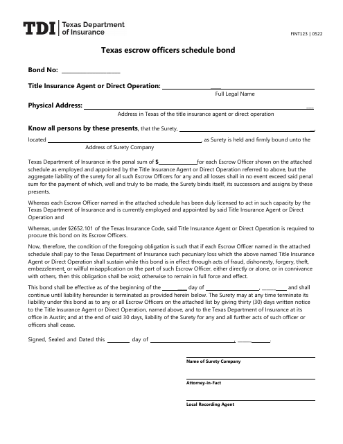 Form FINT123 Texas Escrow Officers Schedule Bond - Texas