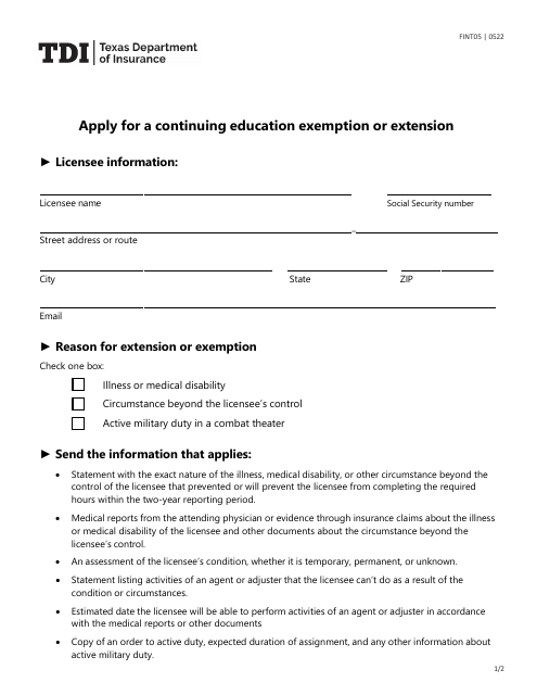 Form FINT05 Apply for a Continuing Education Exemption or Extension - Texas