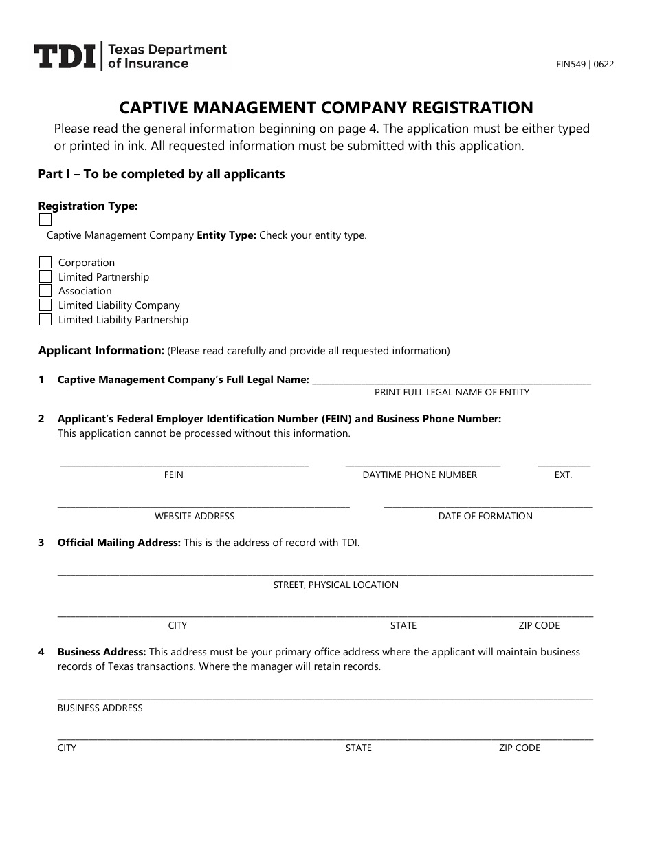 Form FIN549 Captive Management Company Registration - Texas, Page 1