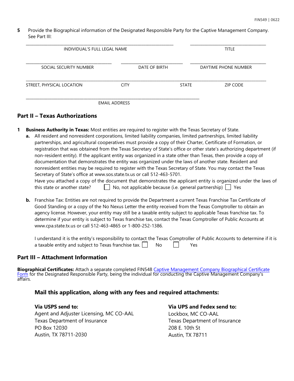 Form FIN549 Captive Management Company Registration - Texas, Page 2