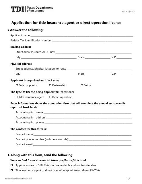 Form FINT143 Application for Title Insurance Agent or Direct Operation License - Texas