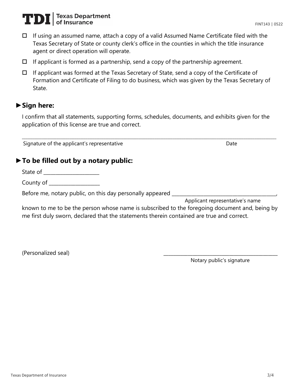 Form FINT143 Application for Title Insurance Agent or Direct Operation License - Texas, Page 3