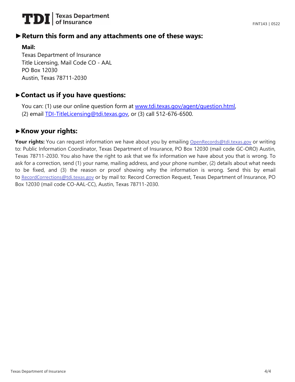 Form FINT143 Application for Title Insurance Agent or Direct Operation License - Texas, Page 4
