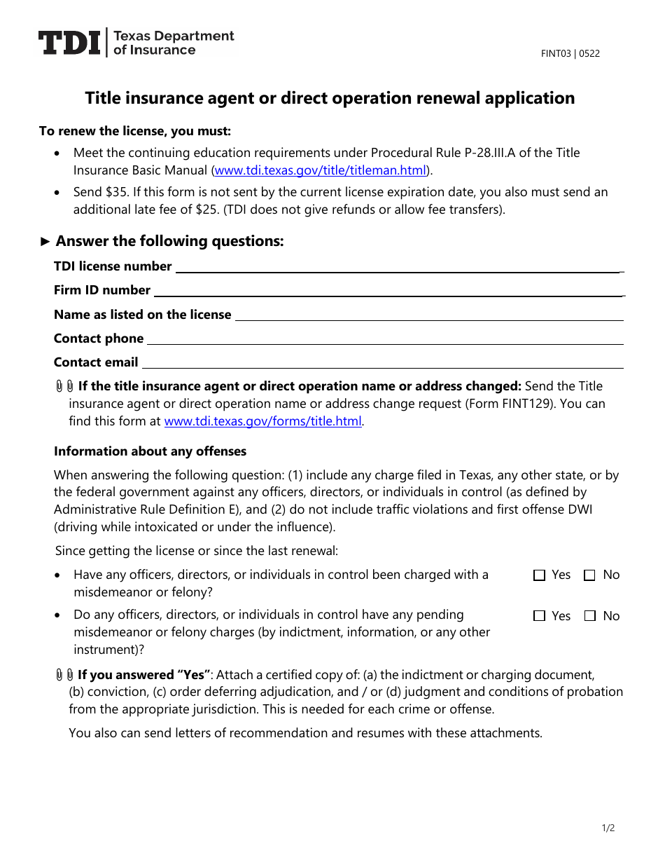 Form FINT03 Title Insurance Agent or Direct Operation Renewal Application - Texas, Page 1
