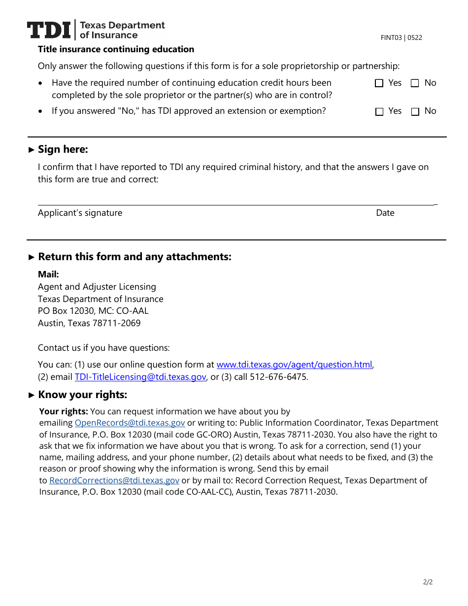 Form FINT03 Title Insurance Agent or Direct Operation Renewal Application - Texas, Page 2